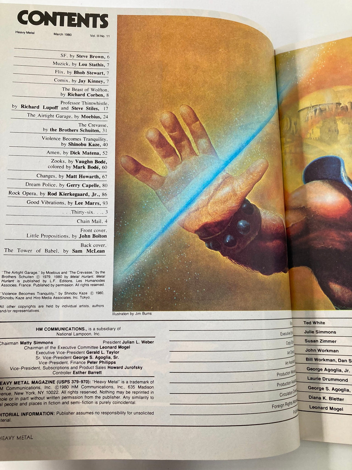 Contents page of VTG Heavy Metal Magazine March 1980 detailing featured articles and illustrations, including contributions from notable creators of the genre.