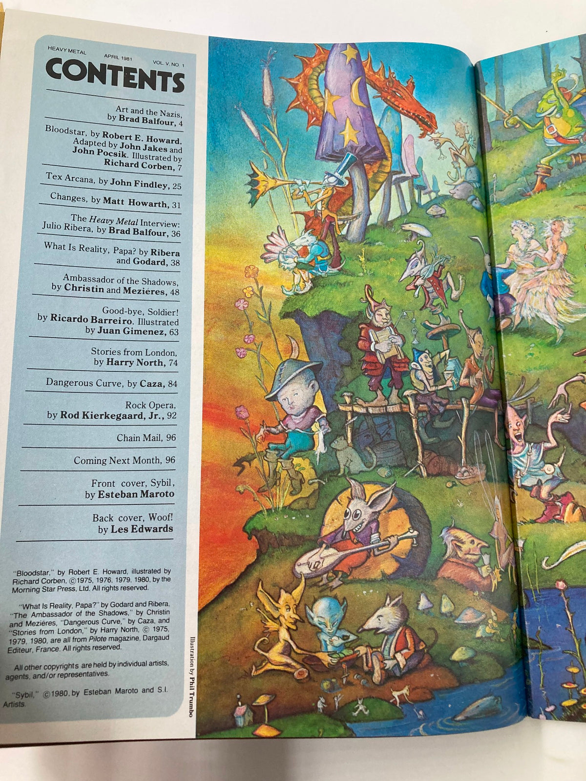 Contents page of VTG Heavy Metal Magazine April 1981, illustrating various stories and art, with colorful artwork and titles highlighting the magazine's diverse content.