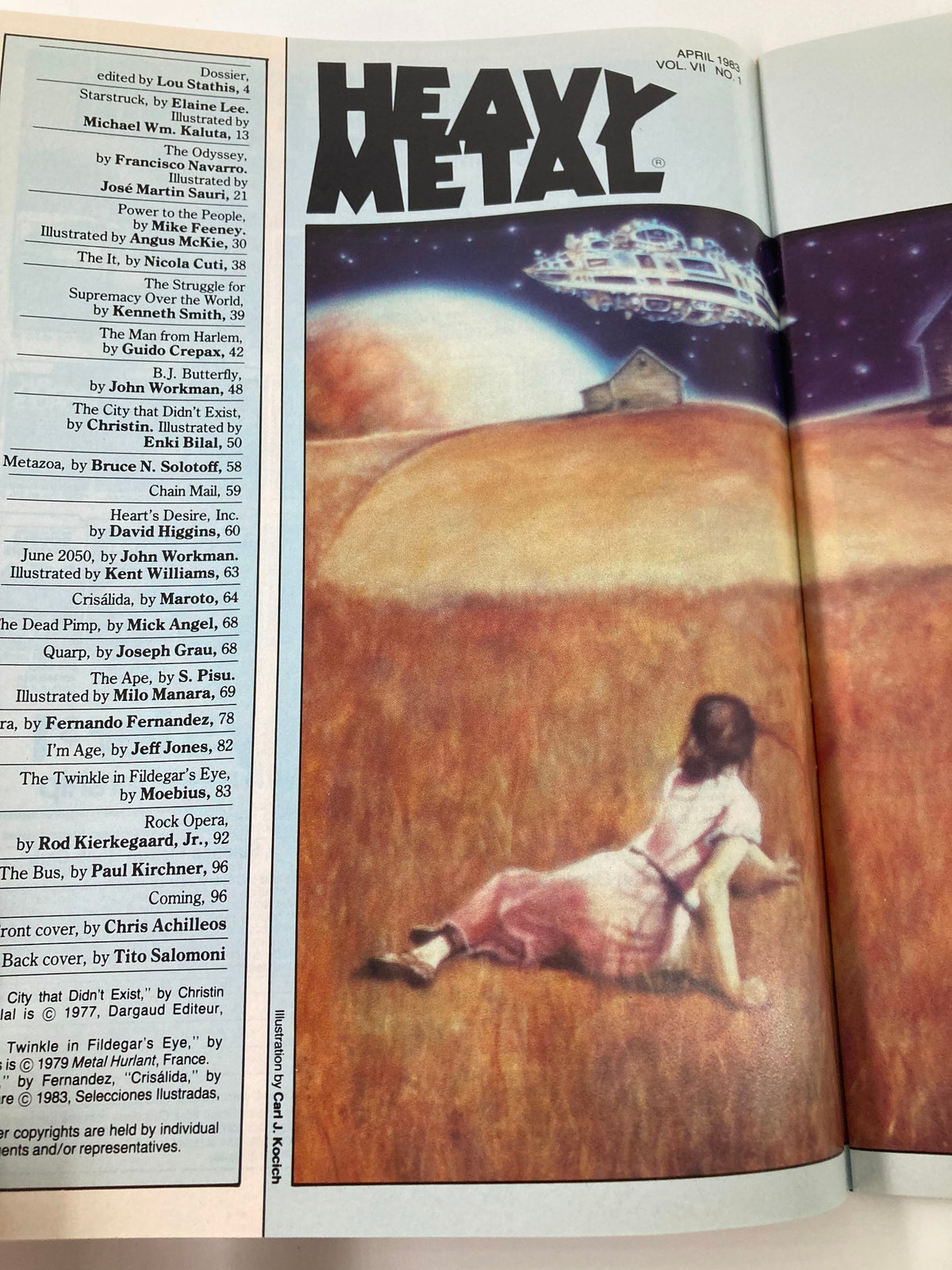 Interior page of Heavy Metal Magazine April 1983, showcasing the table of contents with various illustrated stories including 'The Twinkle in Fildegar's Eye'. The layout presents contributions from notable artists and writers.