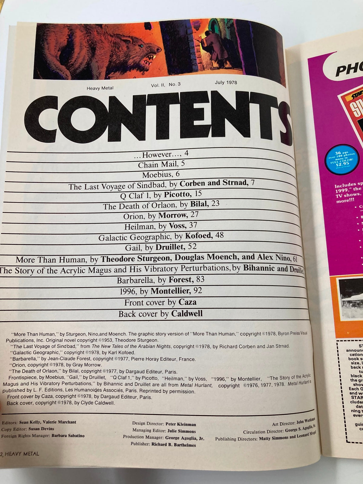 Contents page of the Heavy Metal Magazine July 1978, showcasing various stories including 'The Death of Orlaon' and featuring notable artists and contributors.