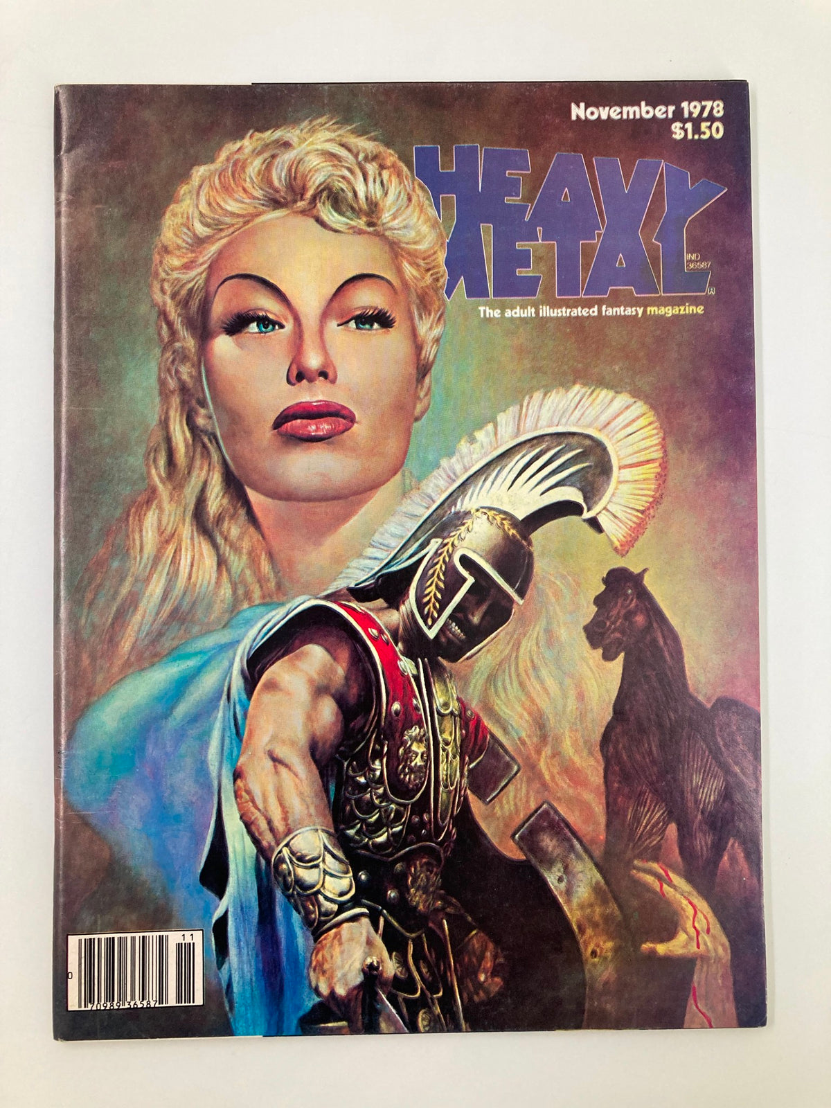 Cover of VTG Heavy Metal Magazine November 1978 featuring stunning artwork by Marcus Boas, depicting an iconic scene with a warrior, a detailed horse, and a striking female figure.