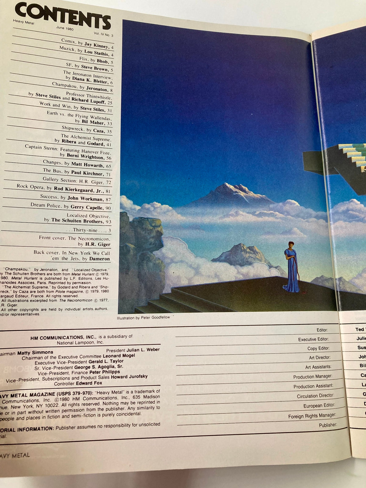 Table of contents from the VTG Heavy Metal Magazine June 1980 featuring the Necronomicon by H.R. Giger, showcasing articles and illustrations in a vibrant blue background.