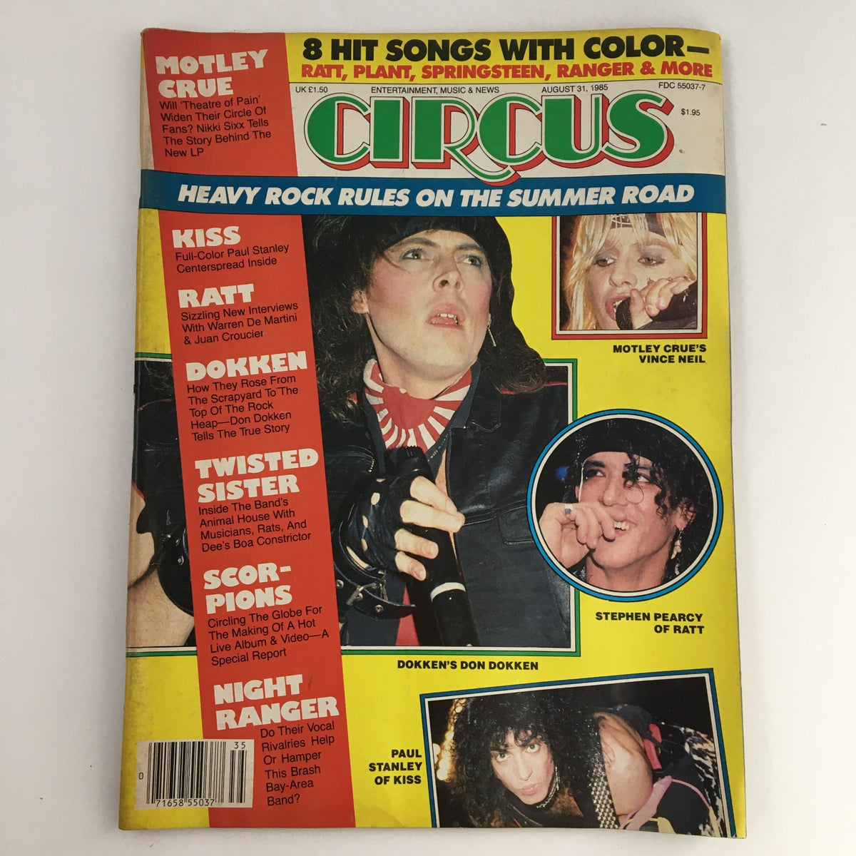 Circus Magazine August 31 1985 cover featuring Don Dokken and Paul Stanley of Kiss, with headline 'Heavy Rock Rules on the Summer Road', showcasing notable bands like Twisted Sister and Scorpions.