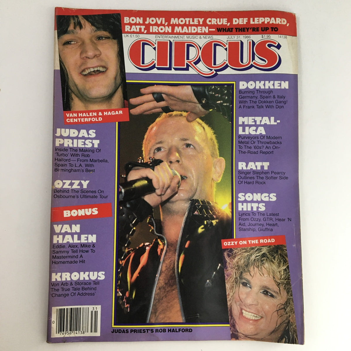 Circus Magazine cover from July 31, 1986, featuring Ozzy Osbourne and Edward Van Halen, highlighting iconic rock artists and bands from the era.