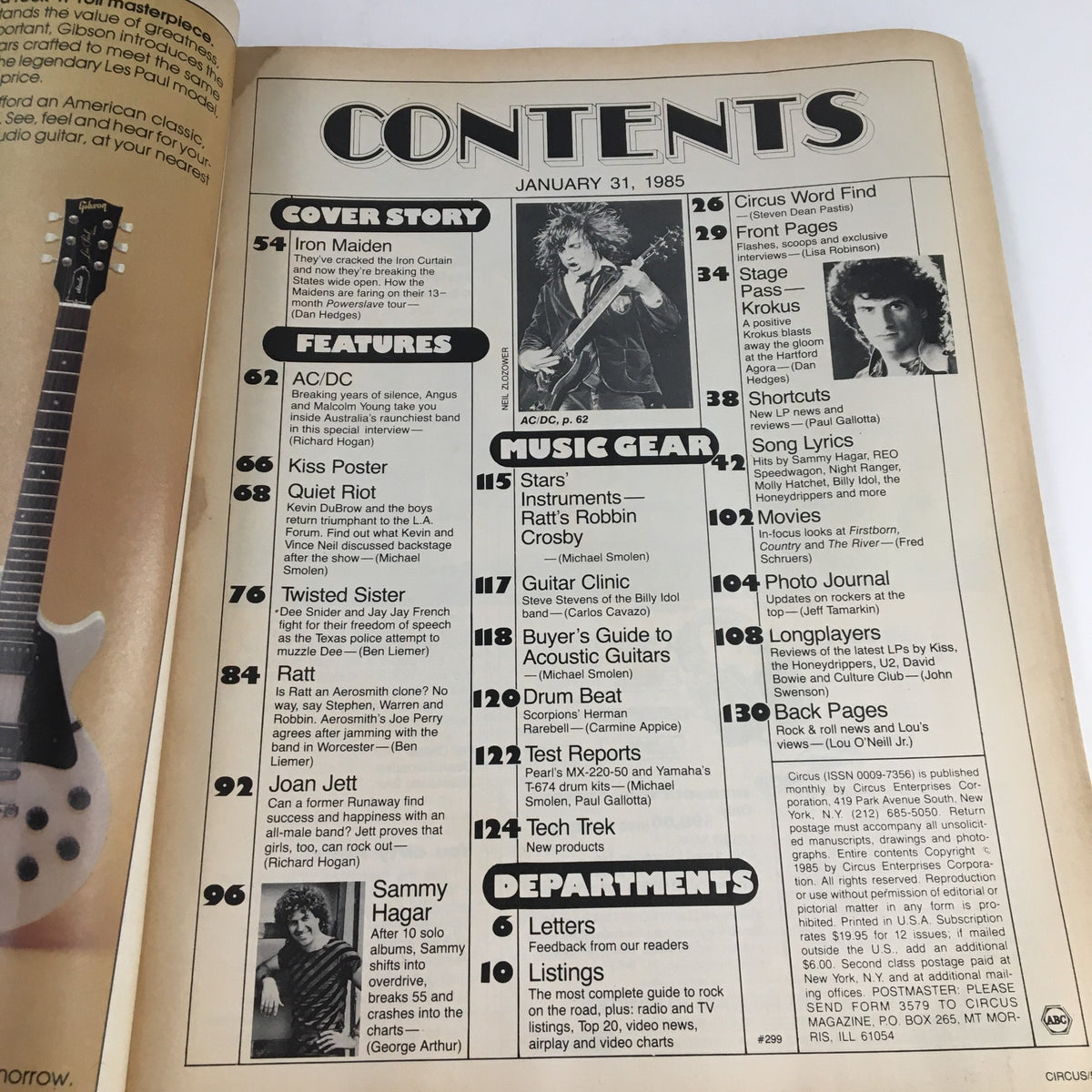 Contents page of Circus Magazine January 31, 1985, listing features including articles on Iron Maiden, AC/DC, and a Kiss poster.