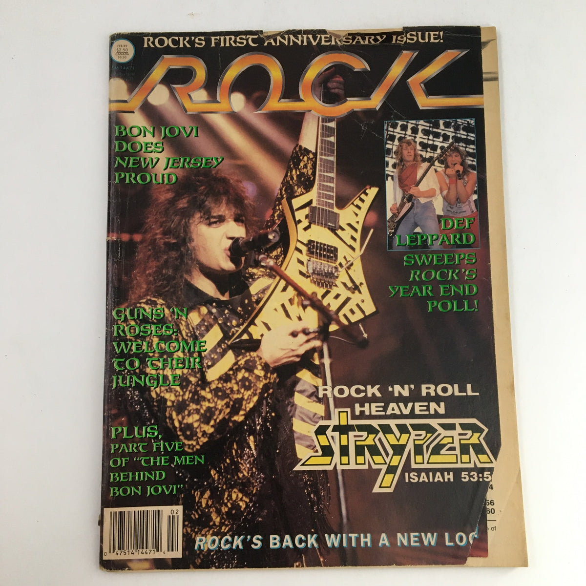 Rock Magazine February 1989 featuring Stryper on the cover, showcasing a vibrant rock scene from the late '80s with highlighted articles and a striking performance image.