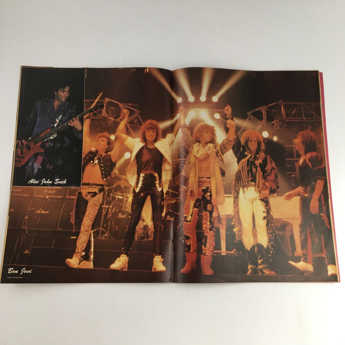 Center spread of 'Rock Magazine February 1989 Rock N' Roll Heaven with Stryper' displaying iconic rock bands, including Bon Jovi in a live performance.