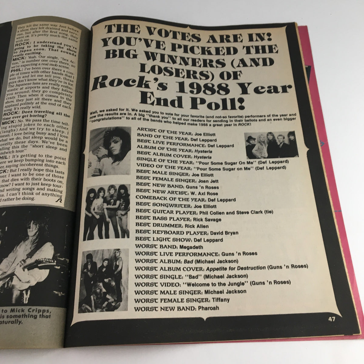 Rock's 1988 Year End Poll results page from 'Rock Magazine February 1989 Rock N' Roll Heaven with Stryper', showcasing winners and notable mentions in the music industry.