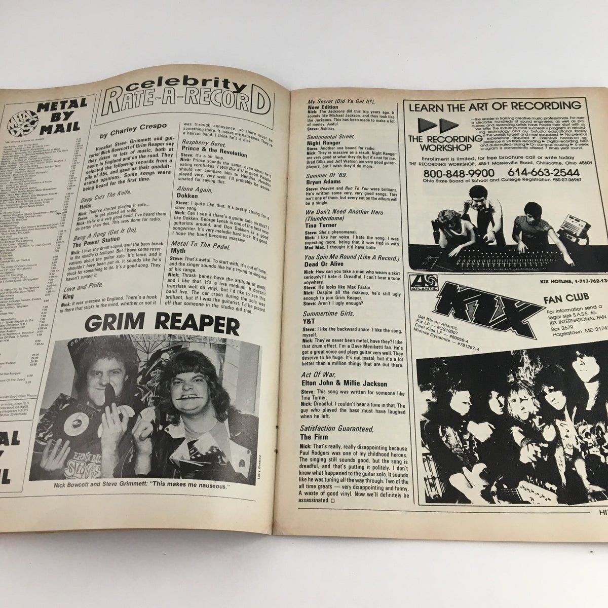 Inside spread of Hit Parader Magazine April 1986 featuring a celebrity rate-a-record section including a photo of Grim Reaper and reviews by Charley Crespo.