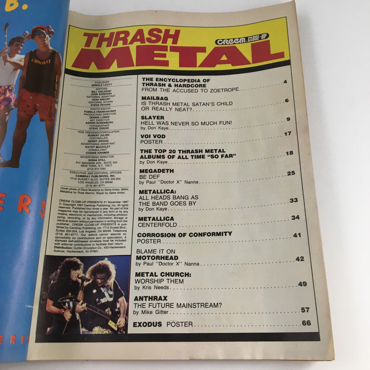 Table of contents from Creem Thrash Metal Magazine, November 1987, featuring articles on thrash metal bands including Slayer, Megadeth, and Metallica.