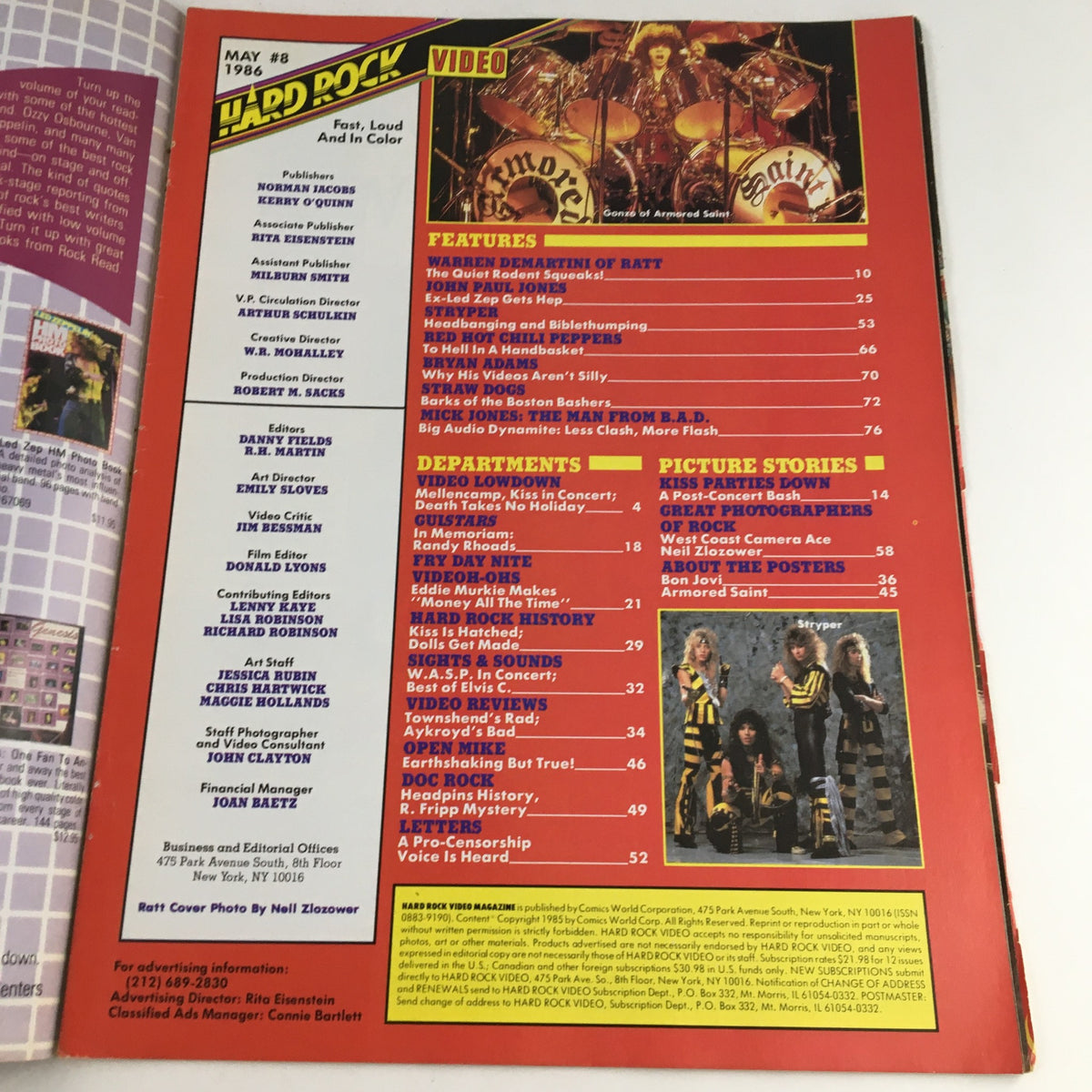 Hard Rock Video Magazine May 1986 #8 showcasing the contents page featuring Ratt and artist interviews, reflecting the vibrant music scene of the 80s.