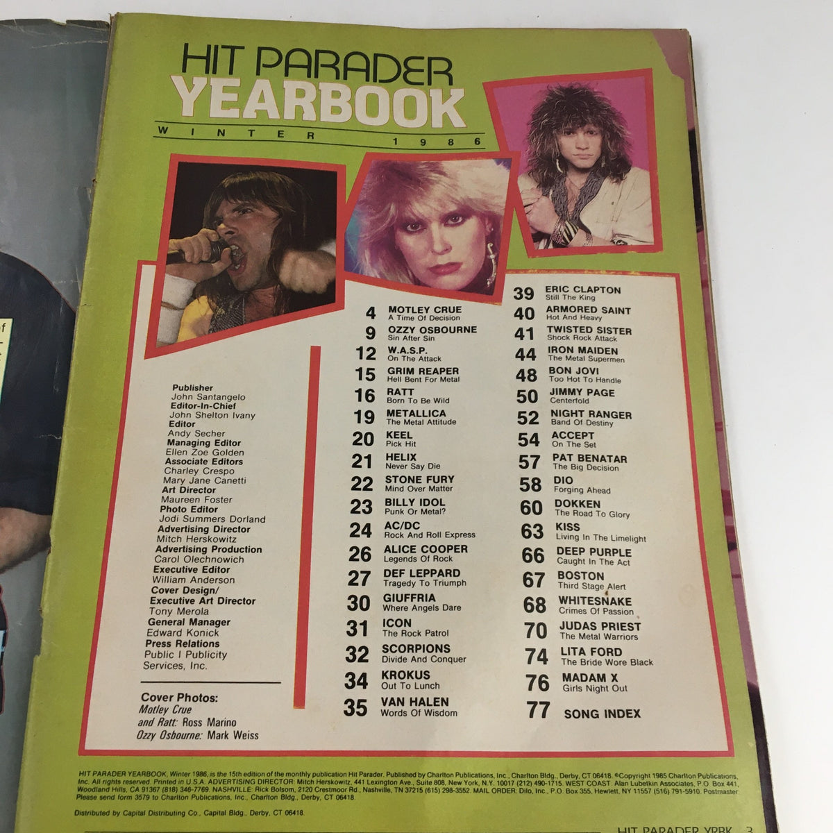 Back cover of Hit Parader Yearbook Winter 1986 with a collage of rock artists including Ozzy Osbourne and Motley Crue, listing featured content.