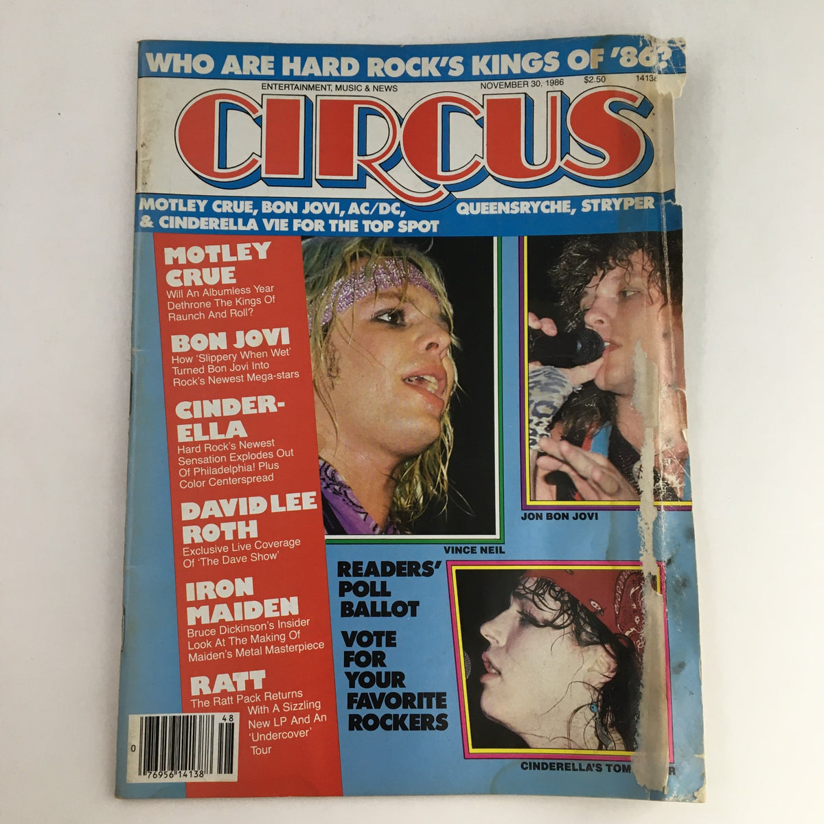Circus Magazine November 30, 1986 cover featuring Vince Neil and Jon Bon Jovi, highlighting rock stars like Motley Crue and Cinderella, vintage music culture.