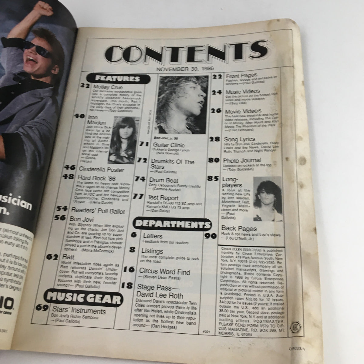 Contents page of Circus Magazine from November 30 1986 listing articles and features including Bon Jovi and Motley Crue.