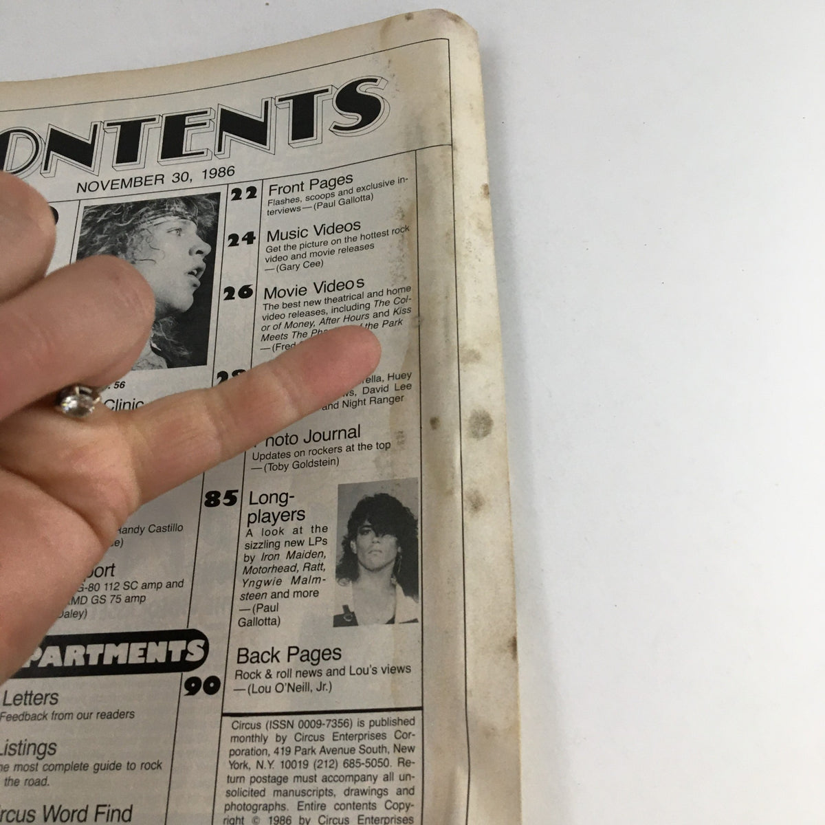 Close-up of the Contents page from Circus Magazine, dated November 30 1986, highlighting sections on music videos and featured artists.
