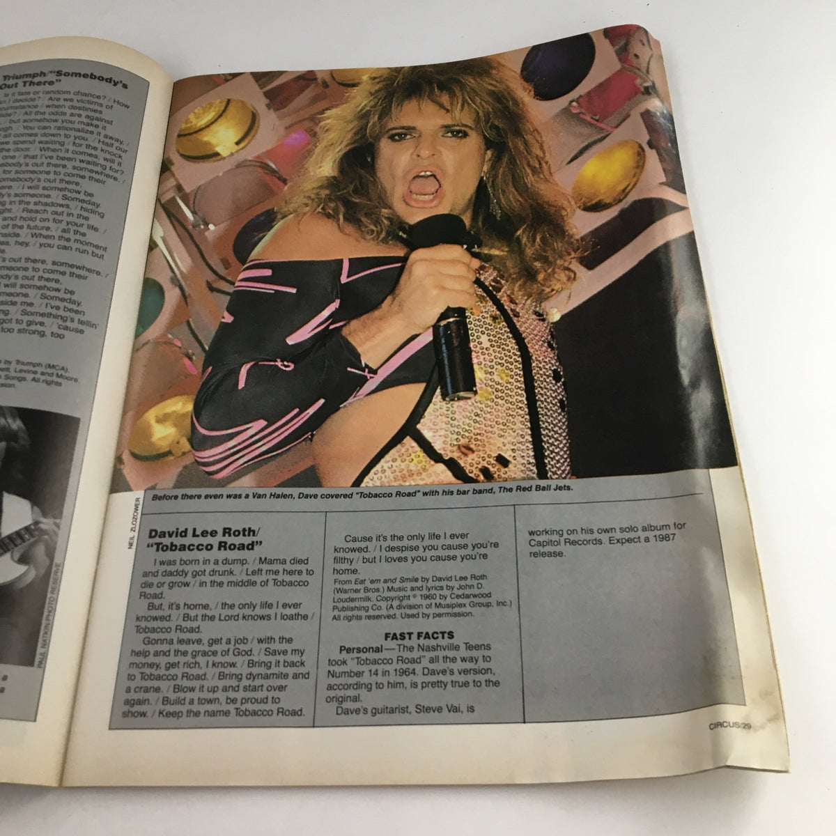 Page in Circus Magazine dated November 30 1986 featuring David Lee Roth with an engaging performance picture and accompanying text.
