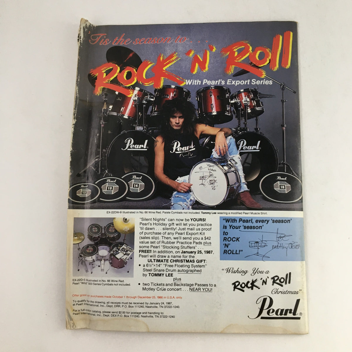 Vintage Pearl Drums advertisement featuring Tommy Lee promoting the Pearl Export Series, from the Circus Magazine November 30 1986 issue.