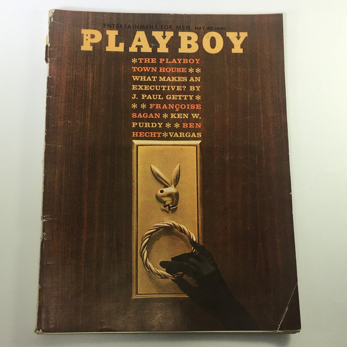 Cover of VTG Playboy Magazine May 1962 Vol. 9 #5 featuring artwork with a hand on a door knocker, the Playboy logo, and highlighted articles including J. Paul Getty and Francoise Sagan.