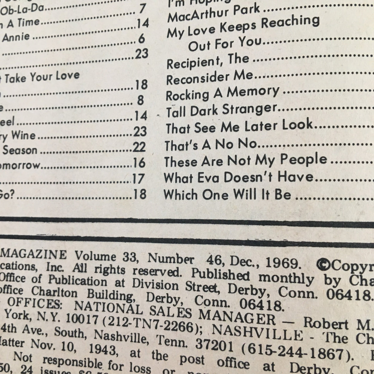 Detailed contents section of Song Hits Magazine December 1969, highlighting various song categories including Pop, Soul, and Country.