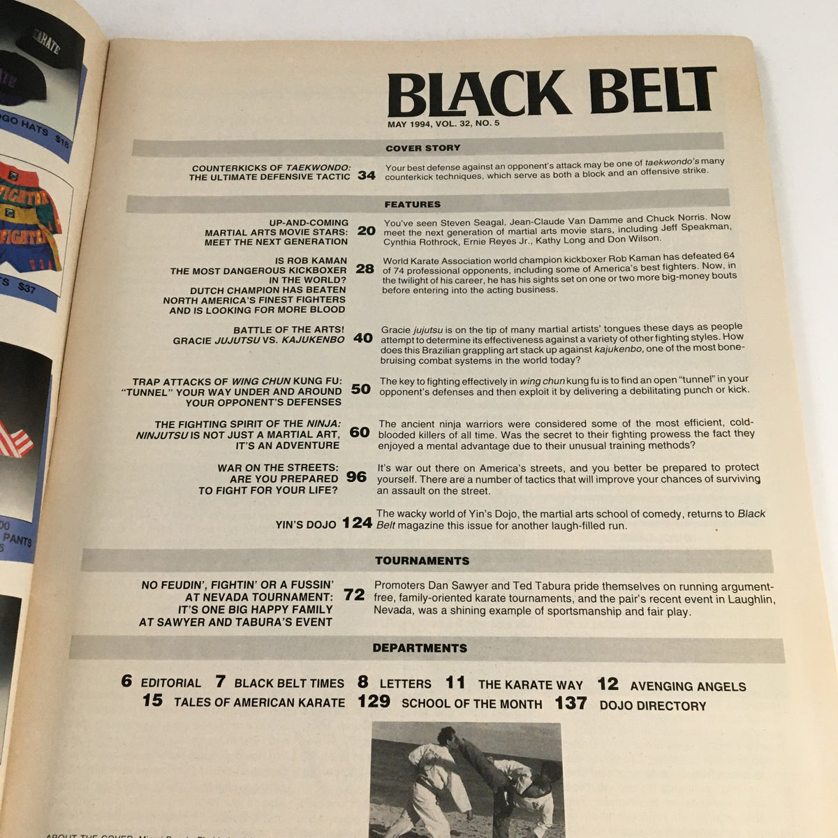 Table of contents for Black Belt Magazine May 1994, Vol 32 #5, detailing featured articles including 'Counterkicks of Taekwondo' and 'Battle of the Arts: Gracie Jujitsu vs. Kajukenbo'.