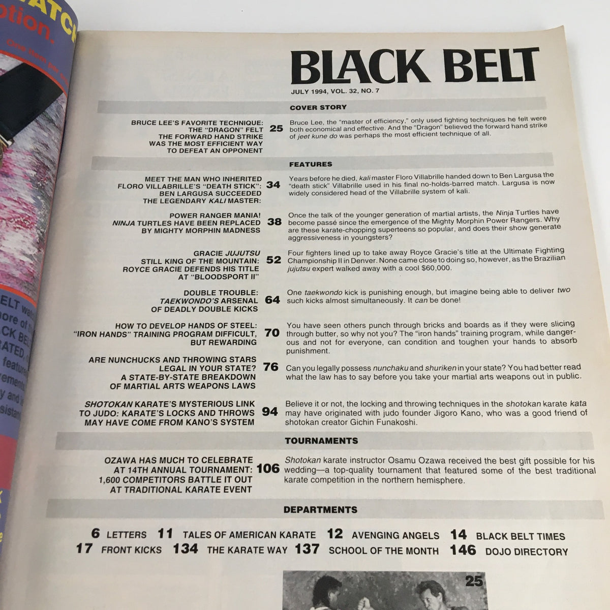 Black Belt Magazine July 1994 featuring martial arts articles, cover stories on Ben Largusa, Bruce Lee, and Royce Gracie, showcasing the evolution of martial arts in the '90s.