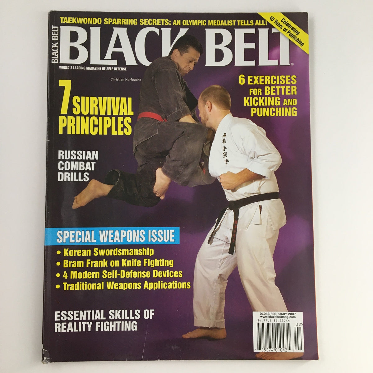 Cover of Black Belt Magazine February 2007 featuring Christian Harfouche, showcasing martial arts techniques and survival principles.