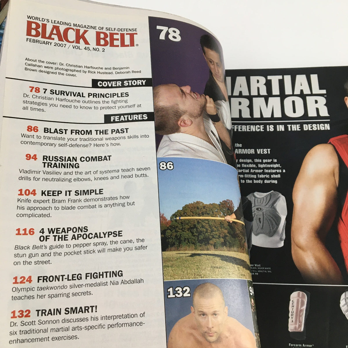 Interior page of Black Belt Magazine February 2007, displaying articles on survival principles, Russian combat training, and Olympic medalist insights.