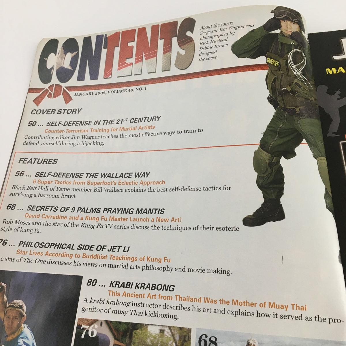 Contents page of Black Belt Magazine January 2002 Vol 40 #1 showcasing articles including a feature on self-defense and Jet Li's role in martial arts, with a modern design layout.