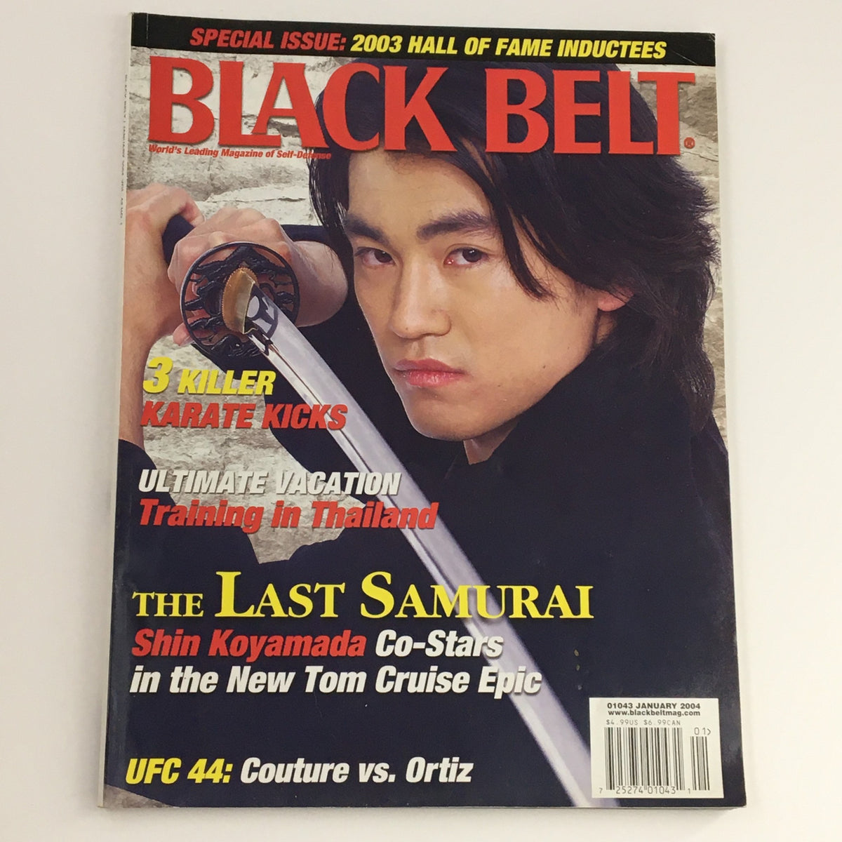 Cover of Black Belt Magazine January 2004 Vol 42 #1 featuring Shin Koyamada, highlighting martial arts culture with a focus on 'The Last Samurai', featuring articles on karate kicks and training in Thailand.