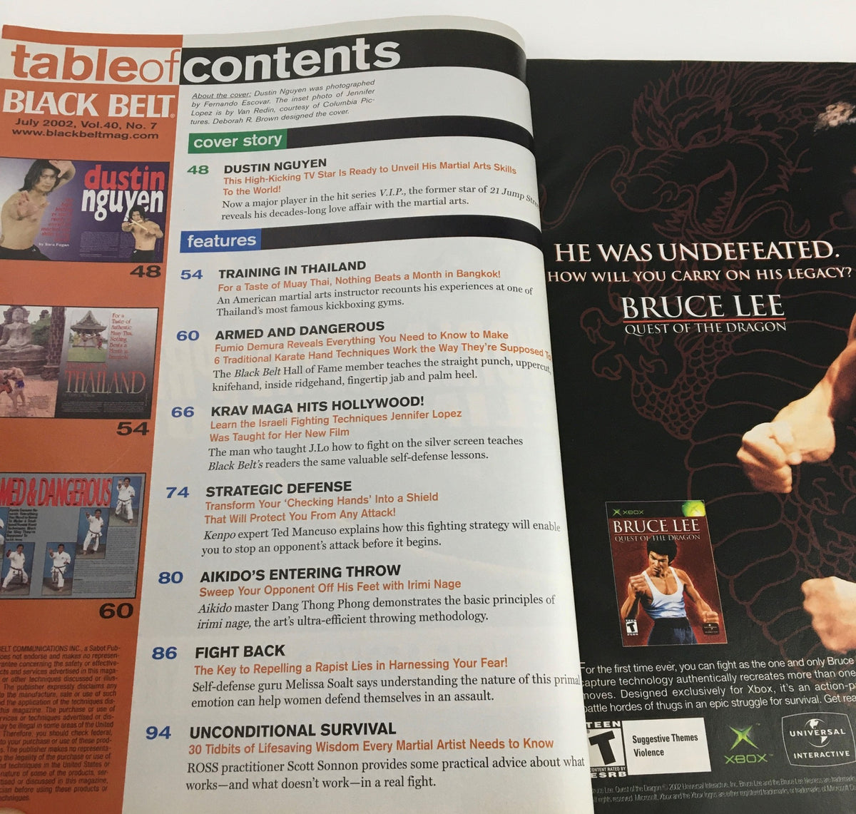 Table of contents from Black Belt Magazine July 2002 Vol 40 #7 showcasing featured articles including Dustin Nguyen's training insights and martial arts techniques.