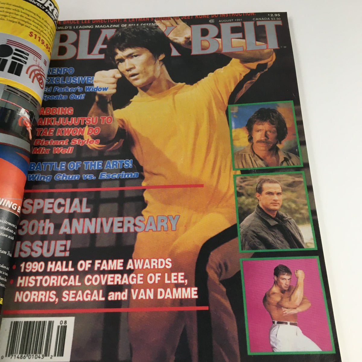 Cover of Black Belt Magazine from August 1990, celebrating Bruce Lee with a prominent image and highlighting historical martial arts content.