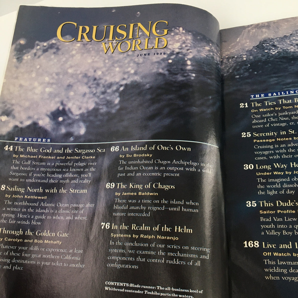 Inside page of Cruising World Magazine June 1999, highlighting features and articles about sailing techniques and destinations.