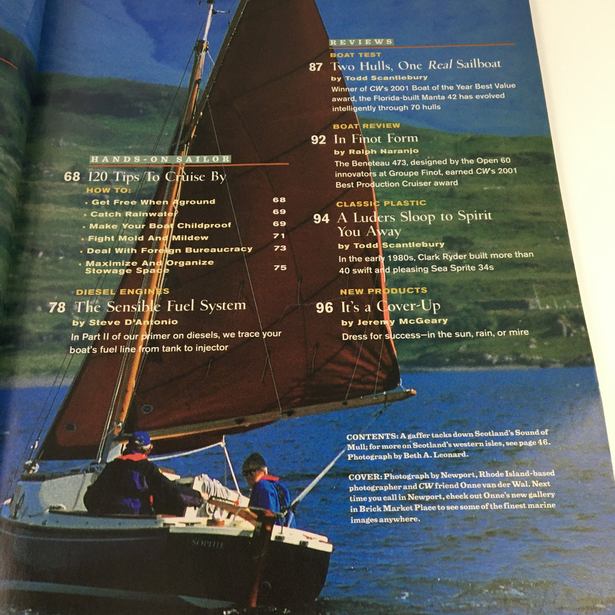 Detailed contents page of Cruising World Magazine July 2001, showcasing various features and tips on sailing, emphasizing the Tartan 4100 sailboat.