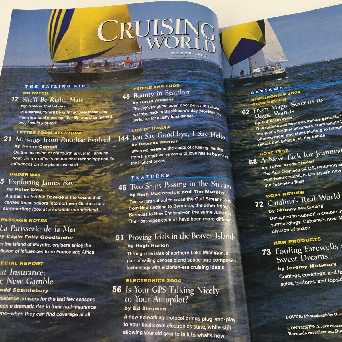 Inside page of Cruising World Magazine March 2004 that includes articles and features related to sailing, including the title 'Cruising World Magazine March 2004 Shaman among South Georgia Island, No Label'.