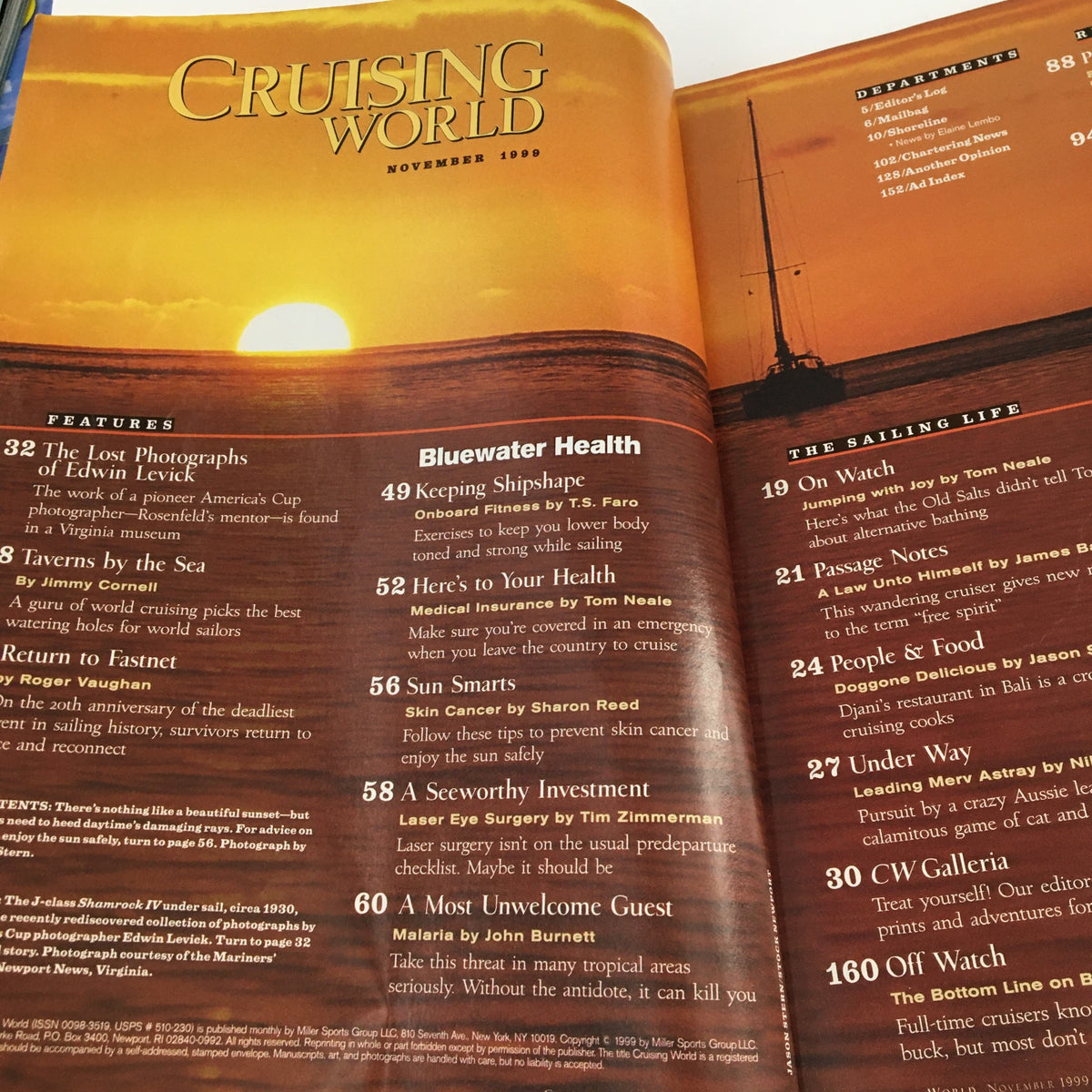 Interior page of Cruising World Magazine November 1999 showcasing articles, including 'Bluewater Health' and 'The Lost Photographs of Edwin Levick'.