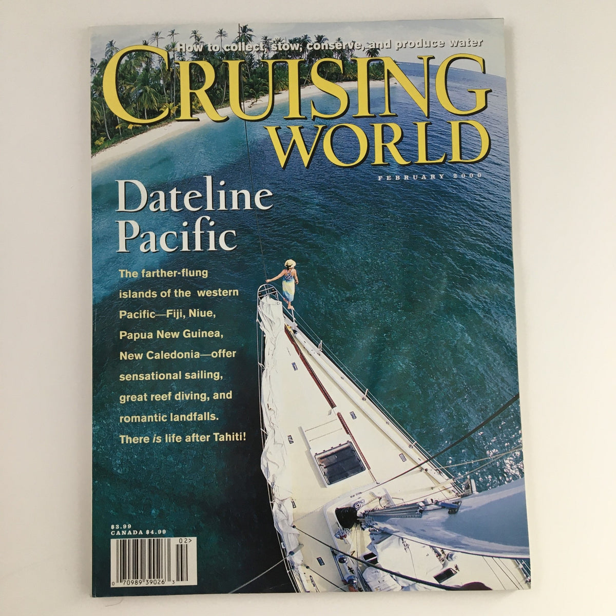 Cruising World Magazine February 2000 cover featuring a sailor on a yacht in the pristine waters of the Western Pacific, highlighting Fiji and Niue.