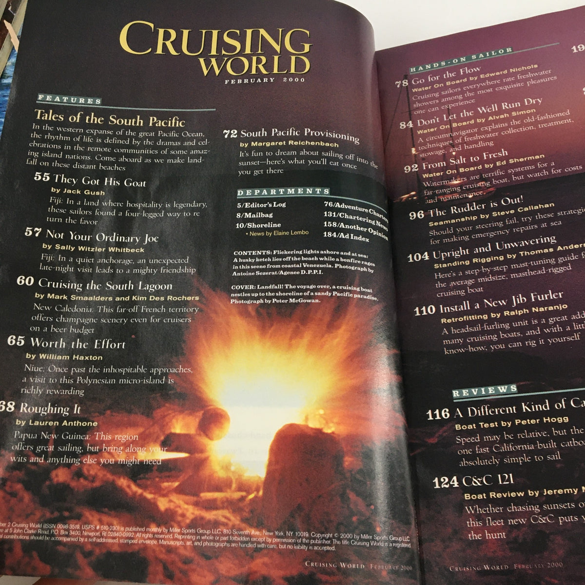 Interior page of Cruising World Magazine February 2000, showcasing articles like 'Tales of the South Pacific' and 'Rugging in' related to sailing adventures in Fiji and Niue.