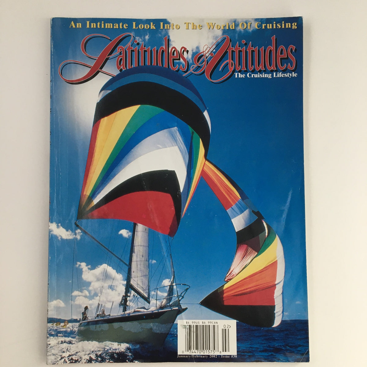 Cover of Latitudes & Attitudes Magazine January 2002 featuring vibrant sailboats and the tagline 'An Intimate Look Into The World Of Cruising'.