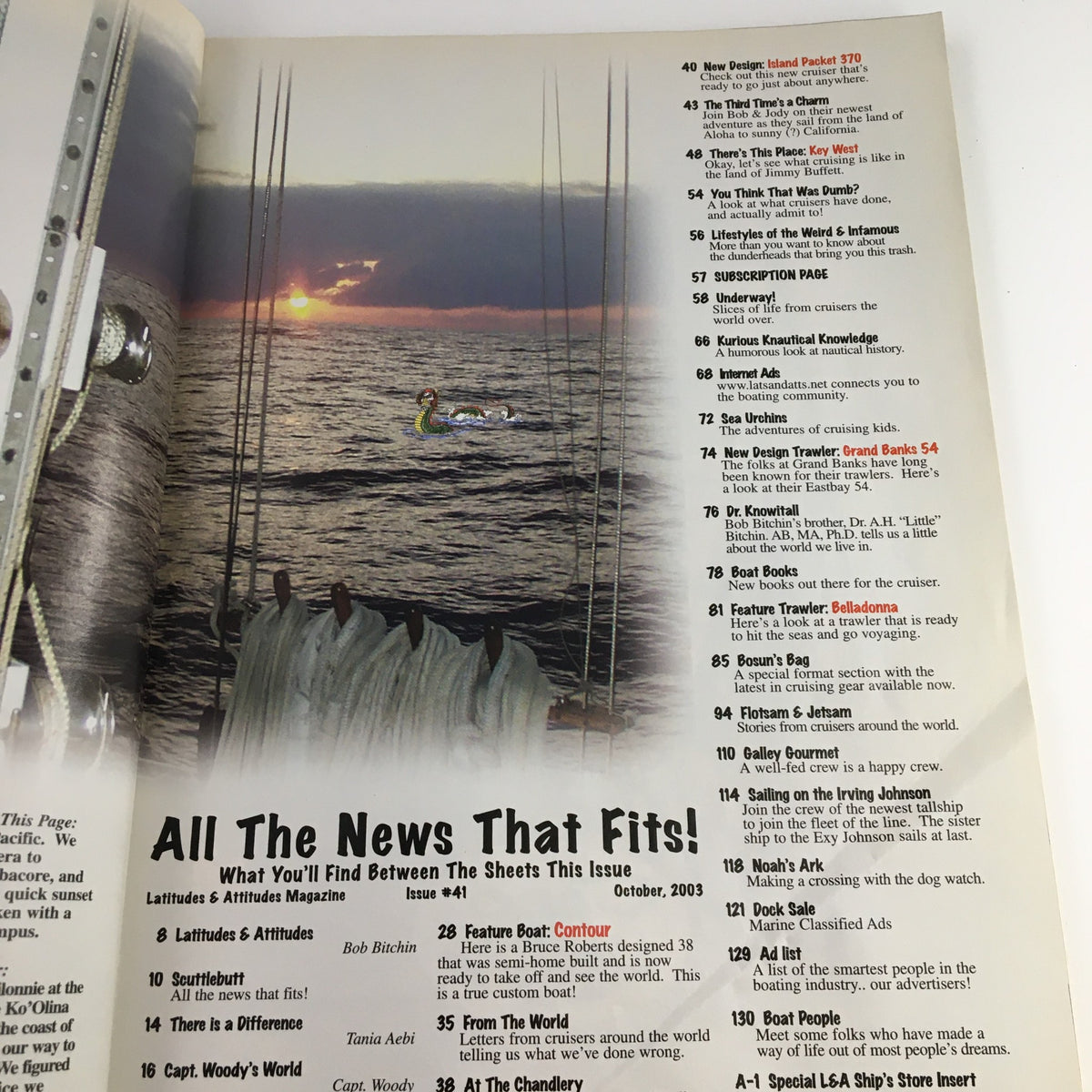 Interior page of Latitudes & Attitudes Magazine October 2003 featuring articles and a sunset over water, highlighting content for sailing enthusiasts and cruisers.