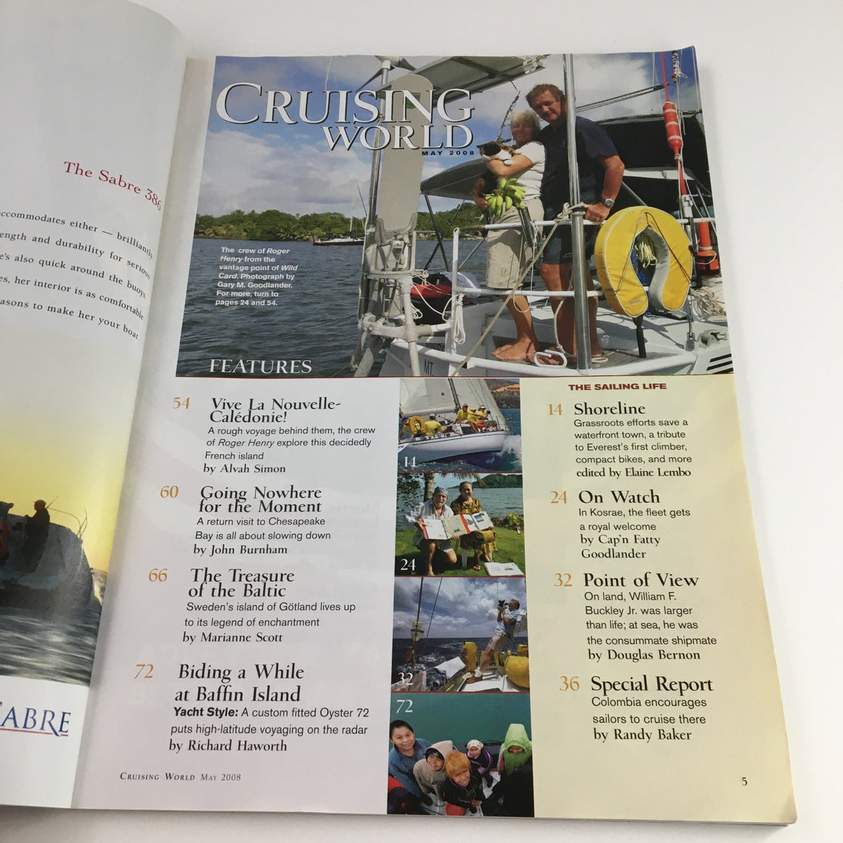 Interior page of Cruising World Magazine May 2008 showcasing features like 'Vive La Nouvelle-Calédonie' and 'Going Nowhere for it to Come', highlighting sailing adventures and maritime life.