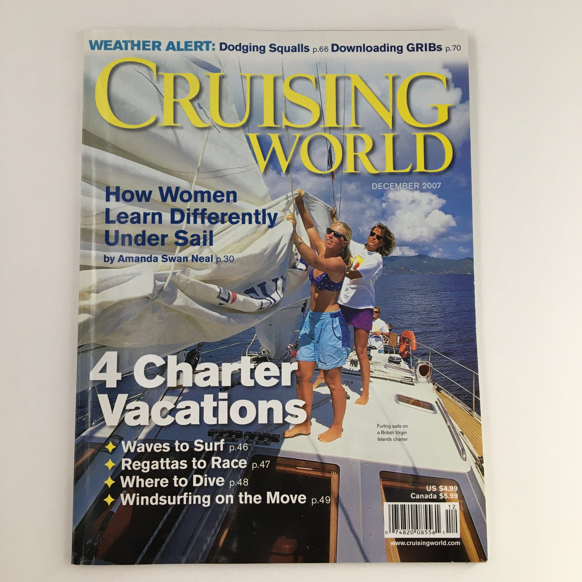 Cruising World Magazine December 2007 cover featuring two women sailing, highlighting articles like 'How Women Learn Differently Under Sail' and charter vacations.