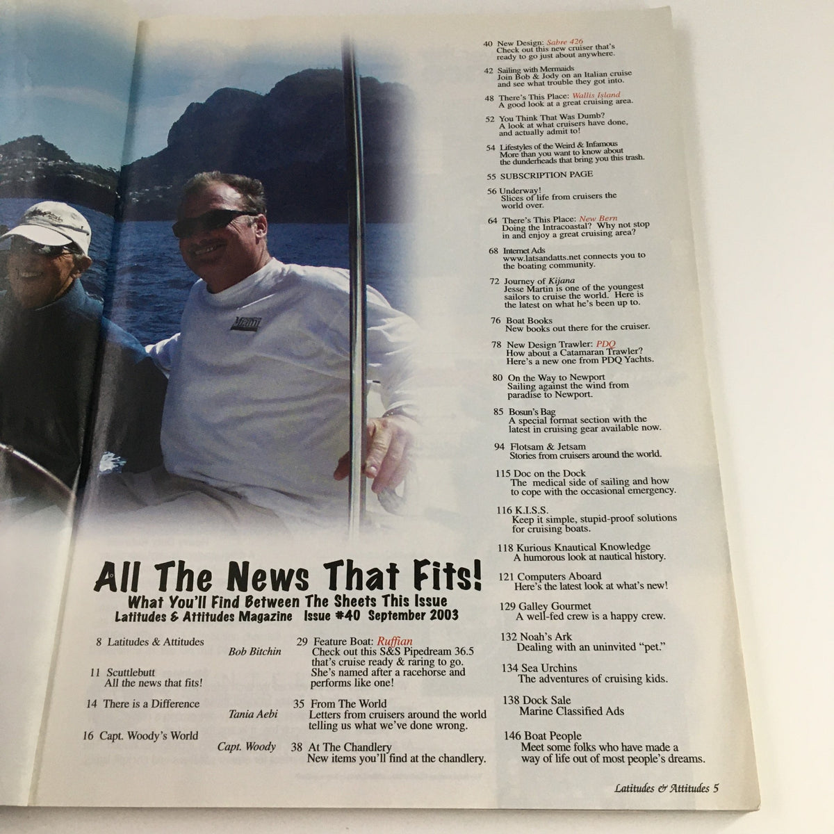 Inside page of Latitudes & Attitudes Magazine September 2003 showcasing articles and features from issue #40, with the title 'Latitudes & Attitudes Magazine September 2003 Ruffian S&S Pipedream, No Label'.