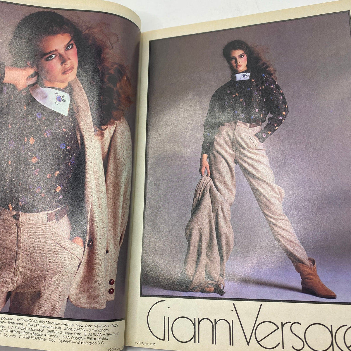 Image from VTG Vogue Magazine July 1980 featuring model in Gianni Versace attire, showcasing 1980s fashion trends and photography by Richard Avedon.
