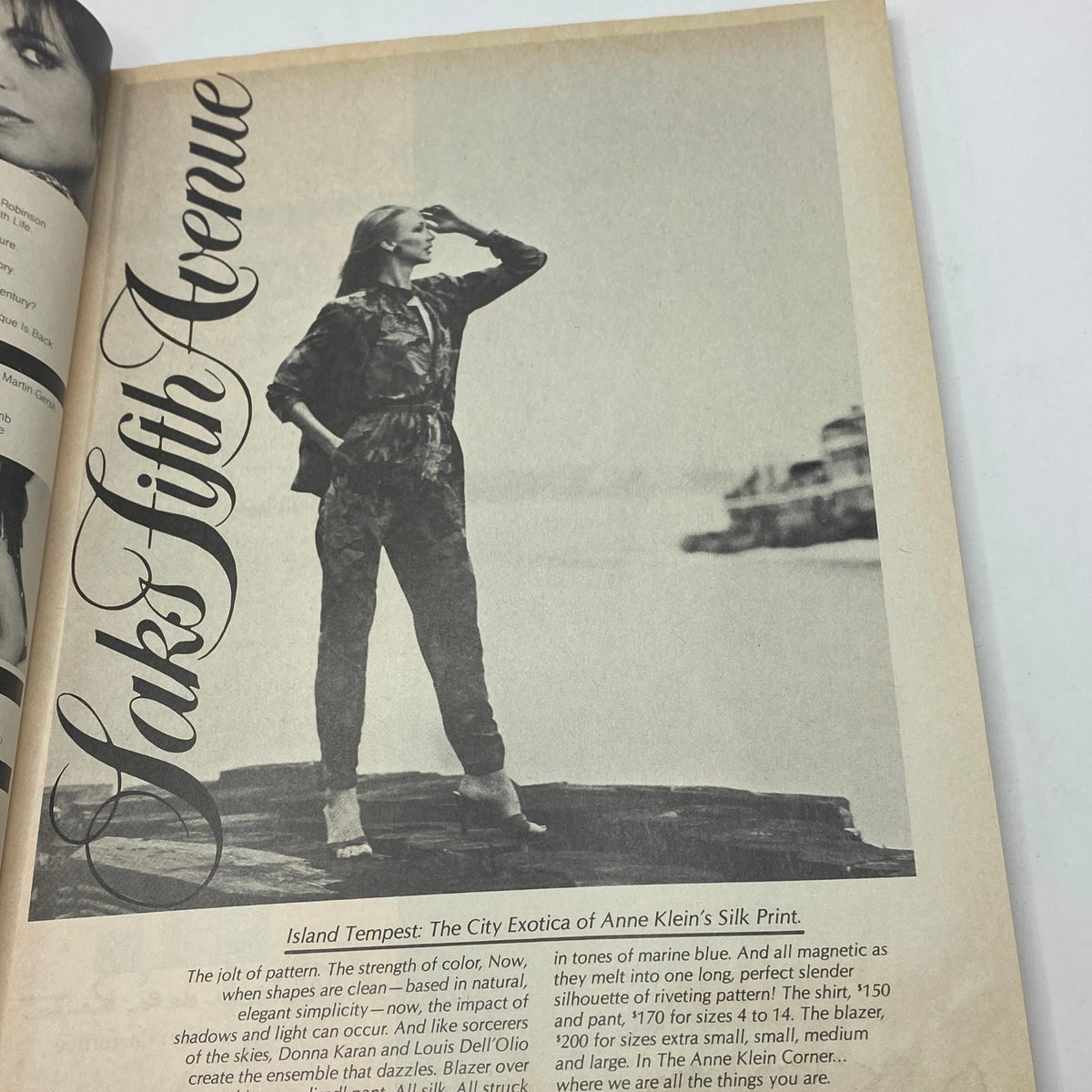 Editorial image from VTG Vogue Magazine January 1980 featuring a model in Anne Klein's silk print design.