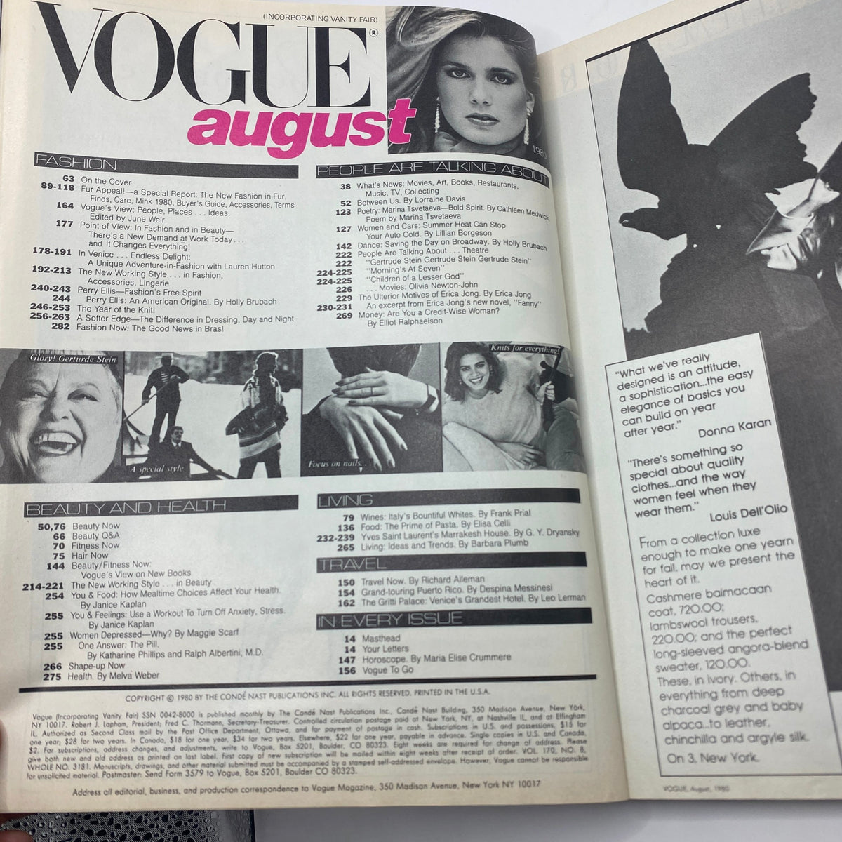 Vogue Magazine August 1980 featuring a fashion table of contents, showcasing notable sections including fashion and beauty, with highlights on popular trends and influential designers. Image includes the title 'VOGUE' prominently displayed.