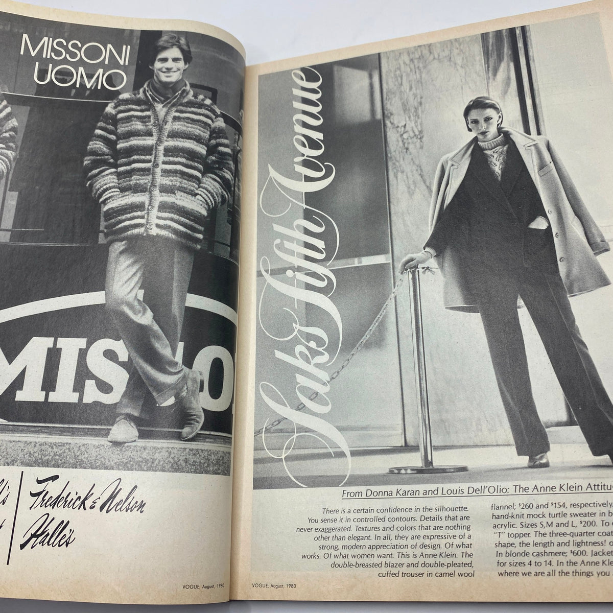 Vogue Magazine August 1980 featuring an advertisement for Missoni Uomo, displaying a stylish male model in a vibrant textured coat alongside a chic female model, emphasizing luxury fashion.