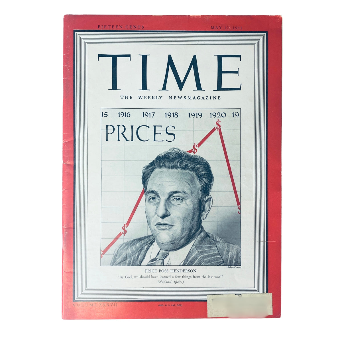 Cover of Time Magazine from May 12, 1941, Vol. 37 No. 19 featuring Price Boss Leon Henderson, highlighting price control during wartime. The cover depicts a graph indicating price trends.