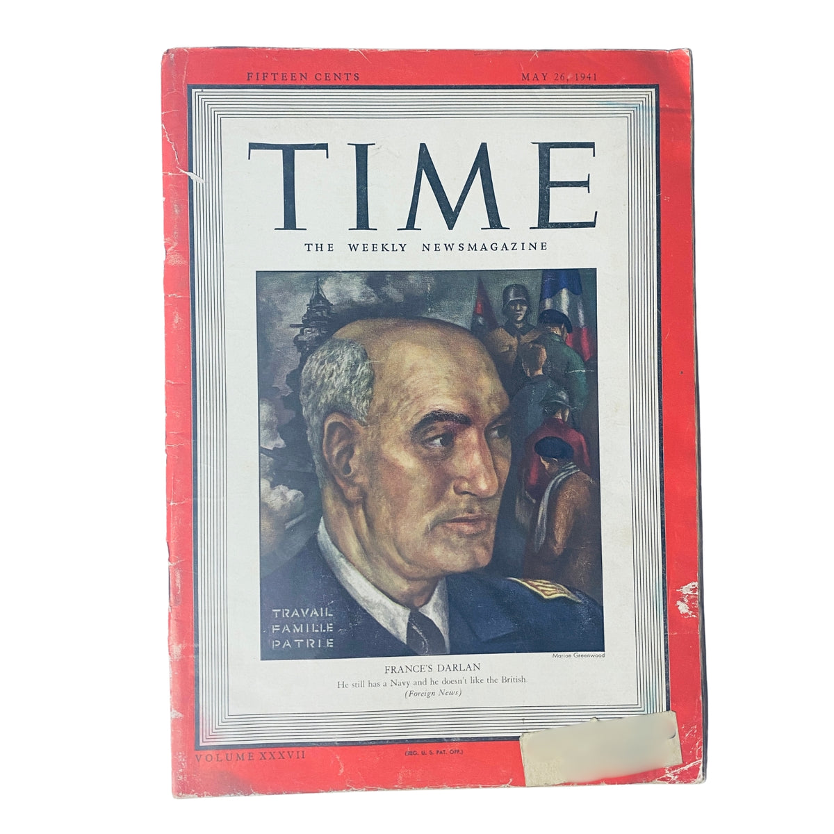 Time Magazine cover from May 26, 1941, featuring Admiral François Darlan, an influential figure during World War II, depicted in a portrait. The magazine includes elements reflecting wartime themes, showcasing historical relevance with a focus on French naval strategy.