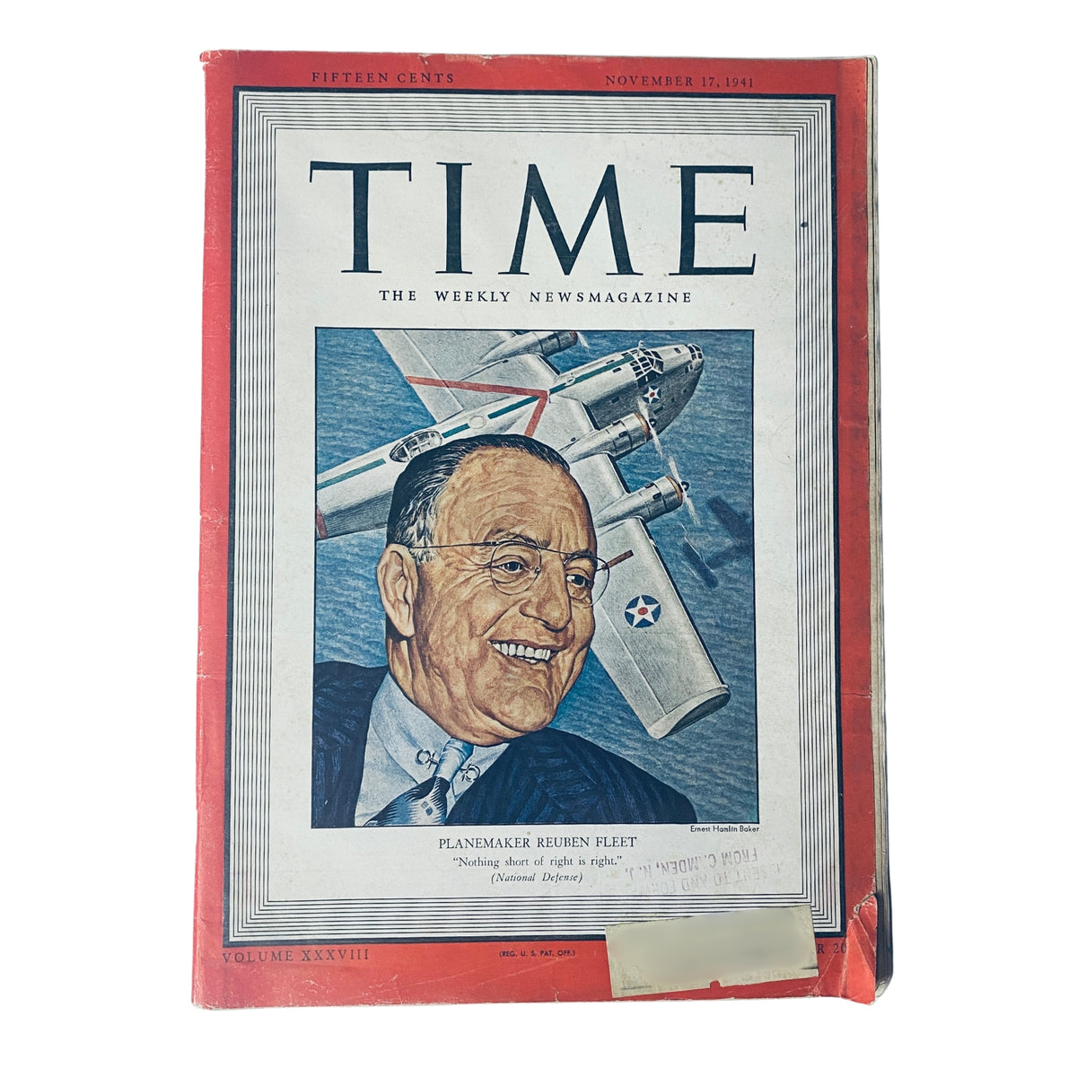 Cover of Time Magazine November 17, 1941, Vol 38 No 20 featuring Planemaker Reuben Fleet, showcasing a portrait and background of military aircraft, reflecting early WWII aviation themes.