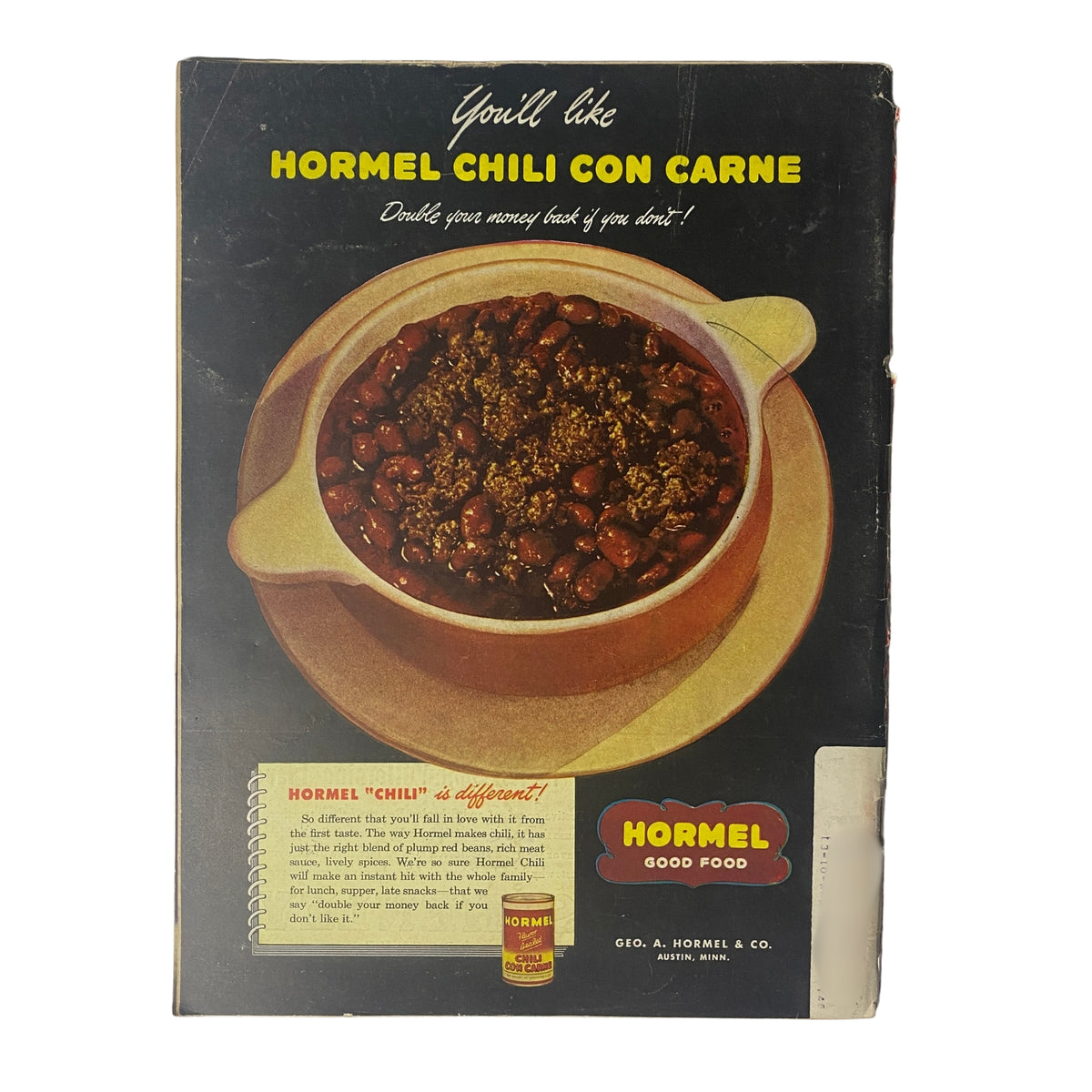 Back cover of Time Magazine December 23, 1946 with an advertisement for Hormel Chili Con Carne, showcasing a delicious serving of chili in a bowl, inviting readers to try the product.